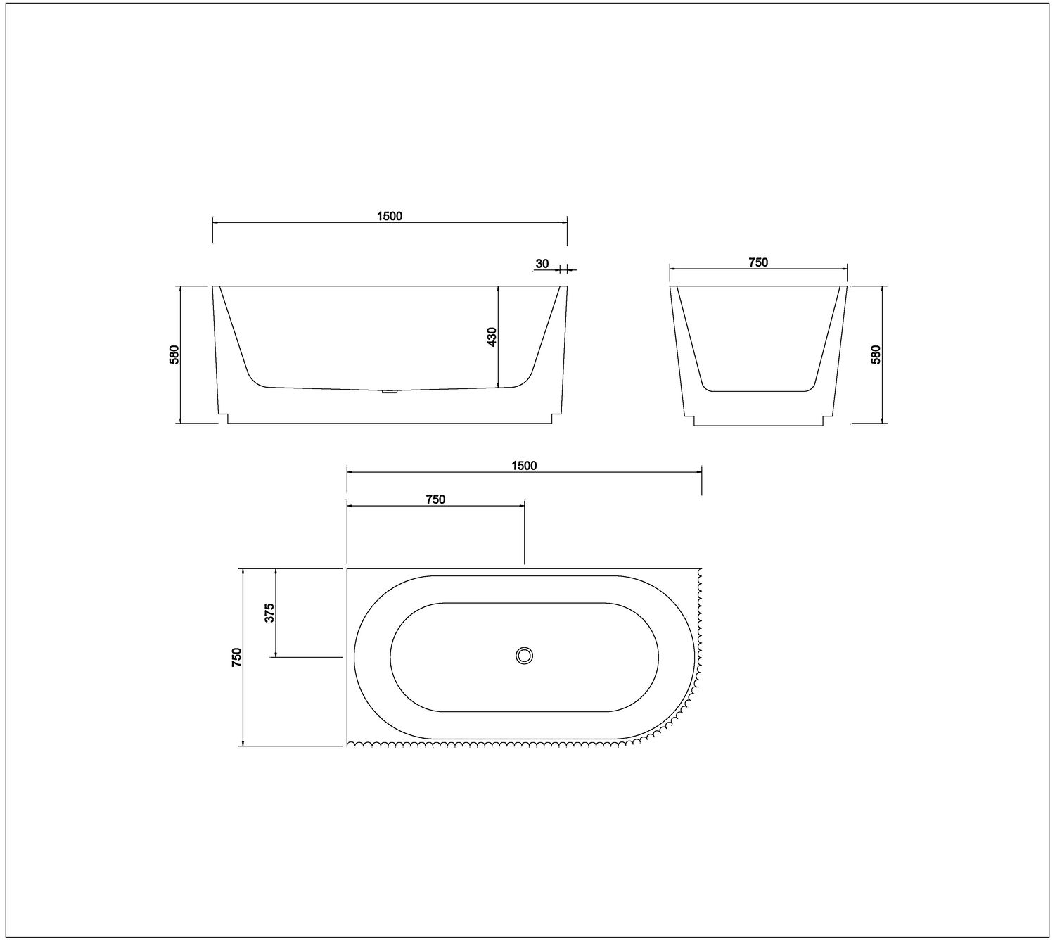 1500MM FLUTED LEFT CORNER BATH TUB