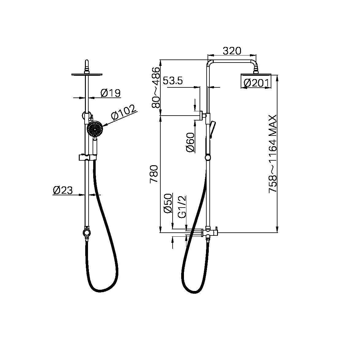 DOLCE ROUND TWIN SHOWER BOTTOM INLET CHROME (NR280705cbCH)