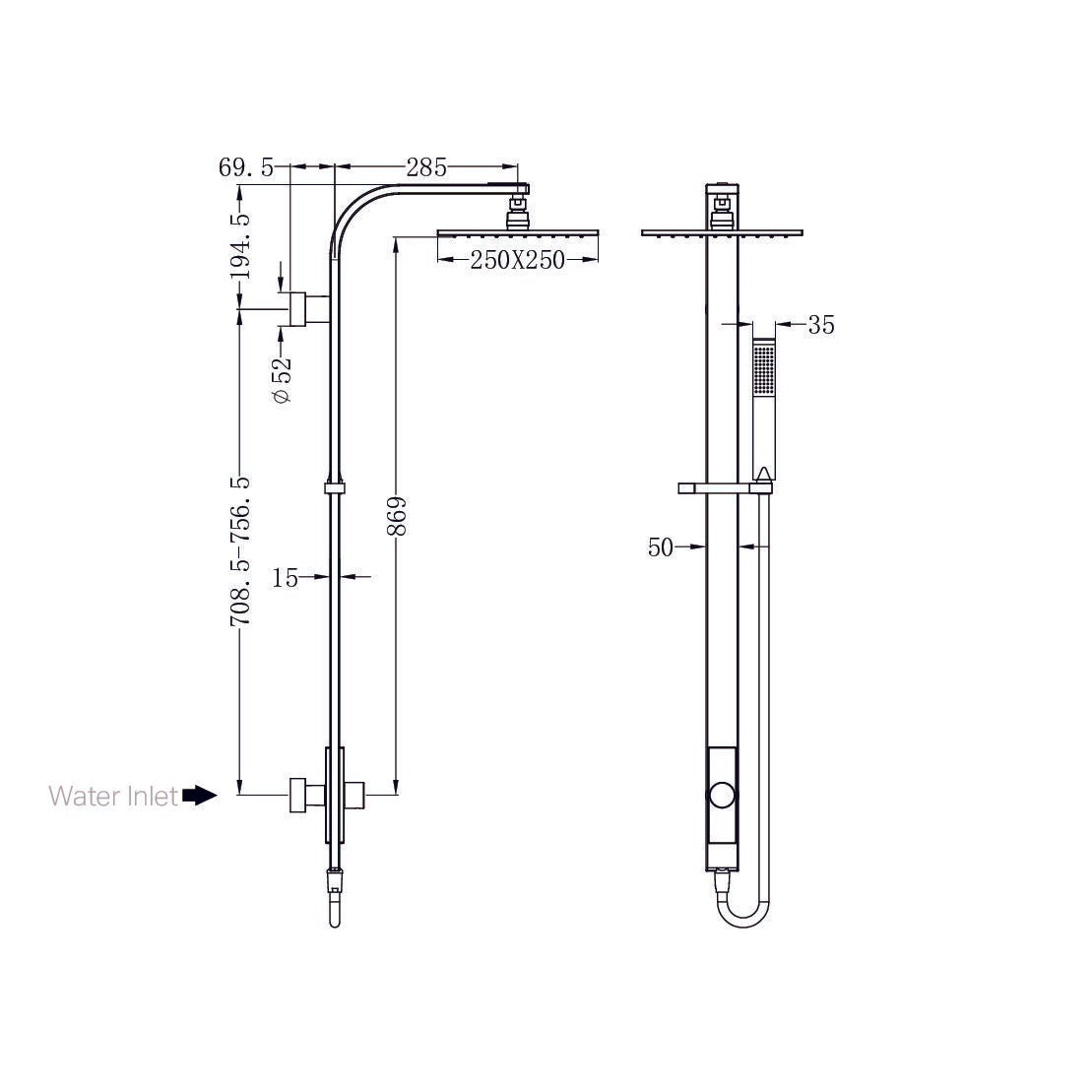 ASTRA RAIN SQUARE TWIN SHOWER SINGLE HOSE MATTE BLACK (NR281305cMB)