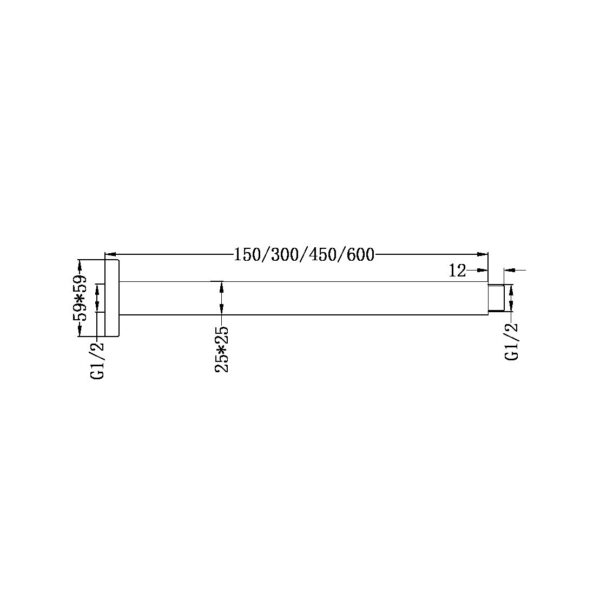 SQUARE CEILING ARM 150/300/450/600MM LENGTH CHROME
