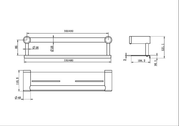 MECCA CARE 25MM GRAB RAIL WITH SHELF 300/450MM BRUSHED BRONZE