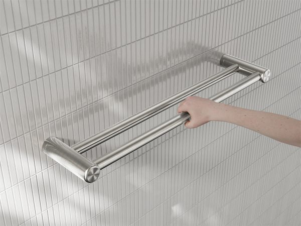 MECCA CARE 25MM DOUBLE TOWEL GRAB RAIL 600/900MM BRUSHED NICKEL