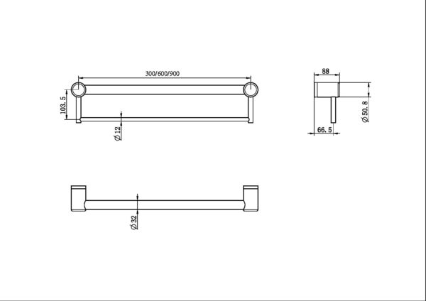 MECCA CARE 32MM GRAB RAIL WITH TOWEL HOLDER 300/600/900MM BRUSHED GOLD