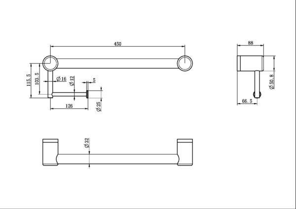 MECCA CARE 32MM GRAB RAIL WITH TOILET ROLL HOLDER 450MM BRUSHED NICKEL (NRCR3218ABN)