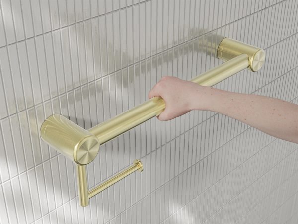 MECCA CARE 32MM GRAB RAIL WITH TOILET ROLL HOLDER 450MM BRUSHED GOLD (NRCR3218ABG)