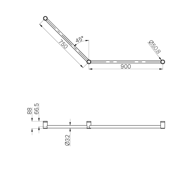 Mecca Care 32mm DDA Accessible Toilet Grab Rail Set 45 Degree 750X900mm Matte Black (NRCR3245MB)