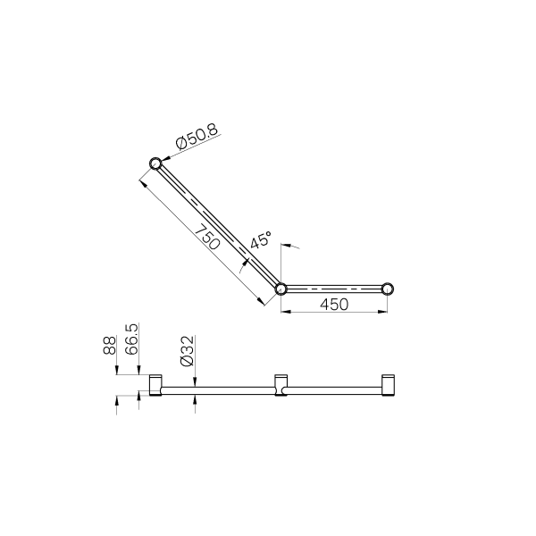 MECCA CARE 32MM AMBULANT TOILET GRAB RAIL 45 DEGREE 750x450MM MATTE BLACK (NRCR3245AMB)