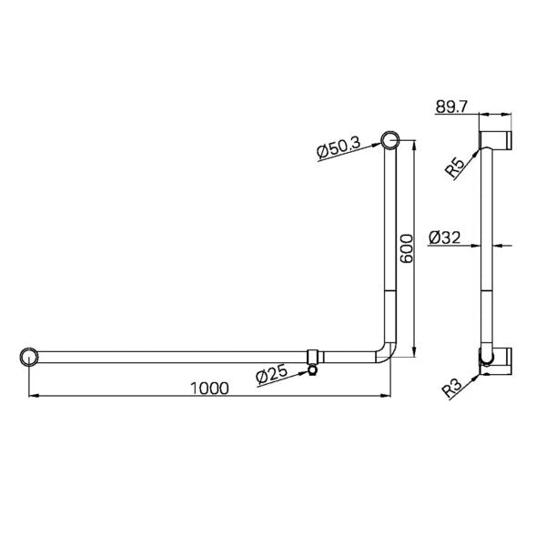 Mecca Care 32mm DDA Accessible Toilet 90 Degree Bent Tube Grab Rail 600X1000mm Matte Black (NRCR3290eMB)