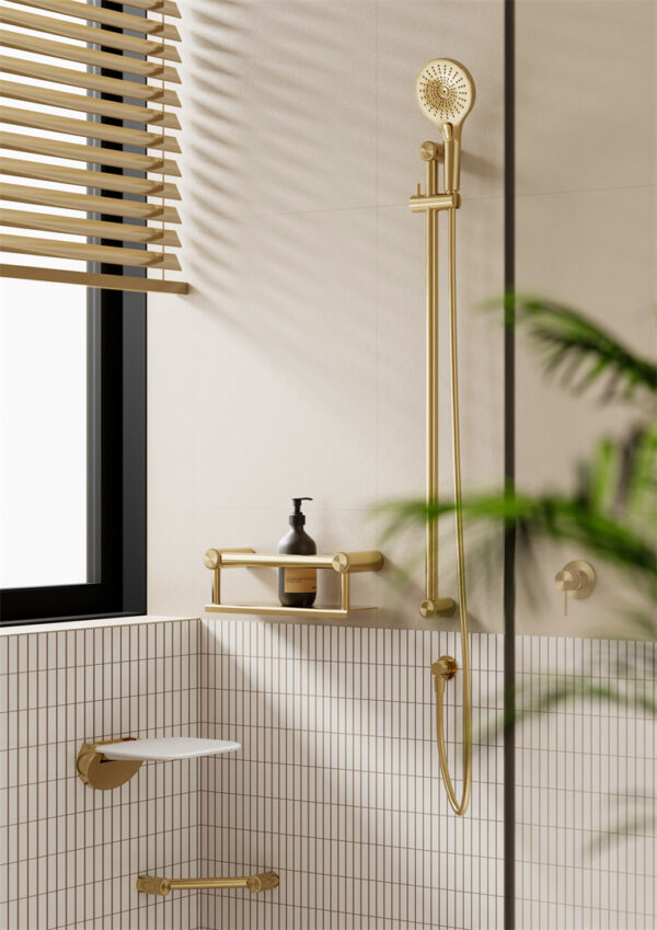 MECCA CARE 25MM GRAB RAIL WITH SHELF 300/450MM BRUSHED GOLD