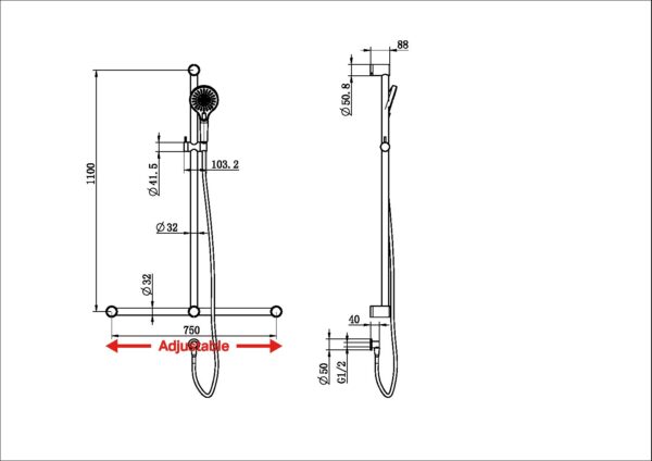 MECCA CARE 32MM T BAR GRAB RAIL AND ADJUSTABLE SHOWER SET 1100X750MM BRUSHED BRONZE (NRCS006BZ)