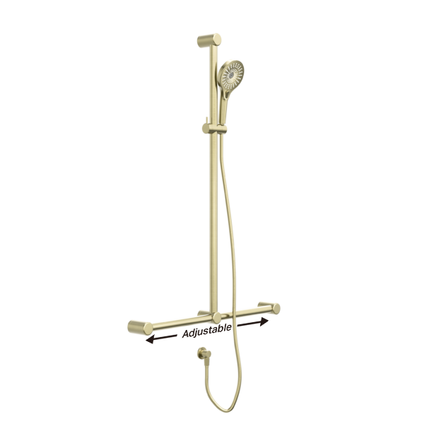 MECCA CARE 32MM T BAR GRAB RAIL AND ADJUSTABLE SHOWER SET 1100X750MM BRUSHED GOLD (NRCS006BG)