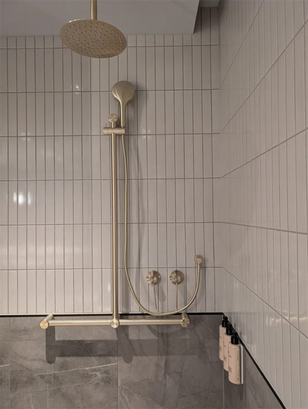 MECCA CARE 32MM T BAR GRAB RAIL AND ADJUSTABLE SHOWER SET 1100X750MM BRUSHED GOLD (NRCS006BG)