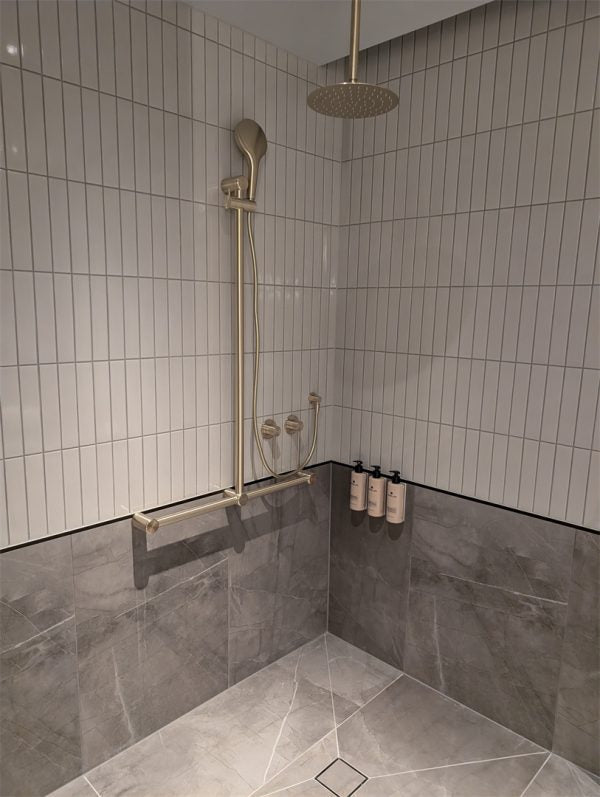 MECCA CARE 32MM T BAR GRAB RAIL AND ADJUSTABLE SHOWER SET 1100X750MM BRUSHED GOLD (NRCS006BG)