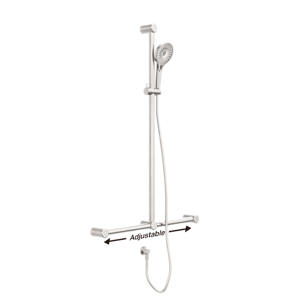 MECCA CARE 32MM T BAR GRAB RAIL AND ADJUSTABLE SHOWER SET 1100X750MM BRUSHED NICKEL (NRCS006BN)