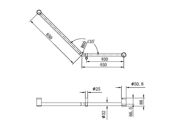 MECCA CARE 32MM AMBULANT 45 DEGREE BENT TUBE GRAB RAIL 450X650MM BRUSHED GOLD (NRCR3245DBG)